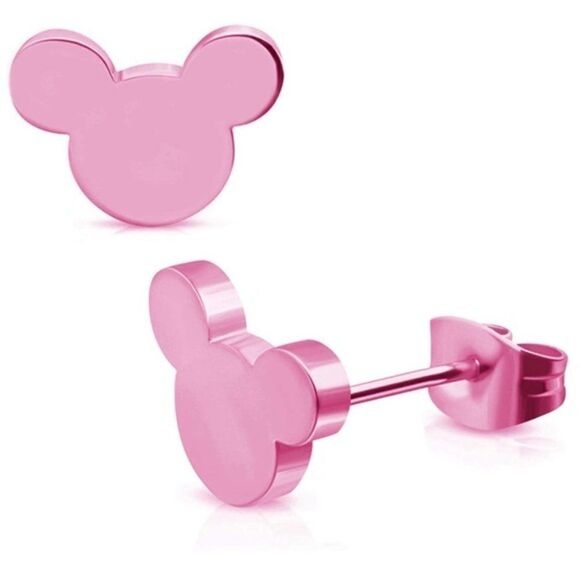 Pink 316L Stainless Steel Mickey Mouse Silhouette Post Back Stud Earrings - Picture 2 of 5